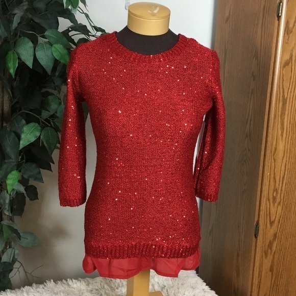 NOTATIONS petite XS red sweater with sequins and chiffon style hem - Picture 1 of 13
